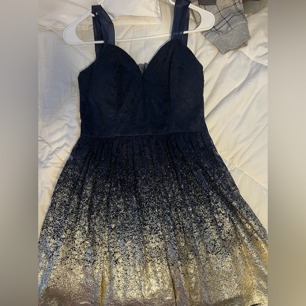 WINDSOR EXCLUSIVE: Navy-Gold Shimmer Hoco Dress
